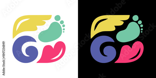 Colorful illustration of baby footprints with wings and hearts, conveying love and protection in a playful design