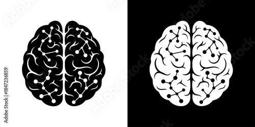 Dual brain molecular illustrations in black and white contrasting backgrounds