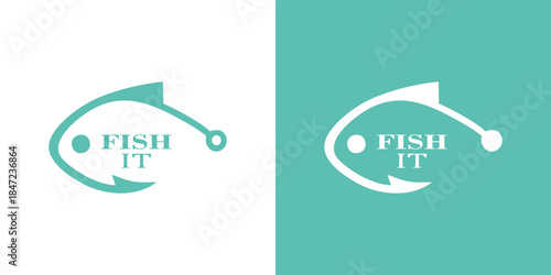 Modern fishing logo designs with fish hook and FISH IT text inside design logo.