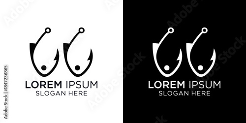 Modern fishing hook logo design with placeholder text on white and black background.