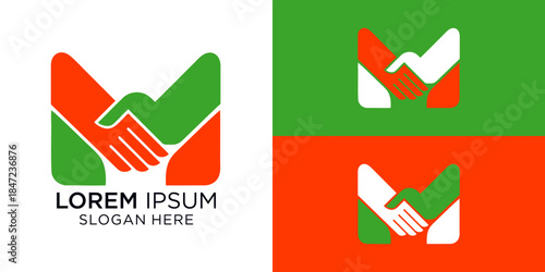 Handshake logo with modern color scheme and placeholder text. M letter logo with handshake meaning dealing project. 