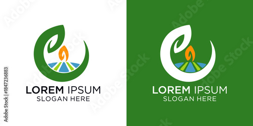 Logo design with flame and leaf elements for business branding. 