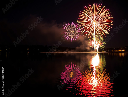 Fireworks display reflecting on a calm lake during nighttime celebration