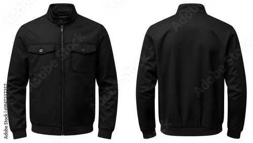 Black Zip-Up Jacket with Stand Collar – Front and Back View on White Background