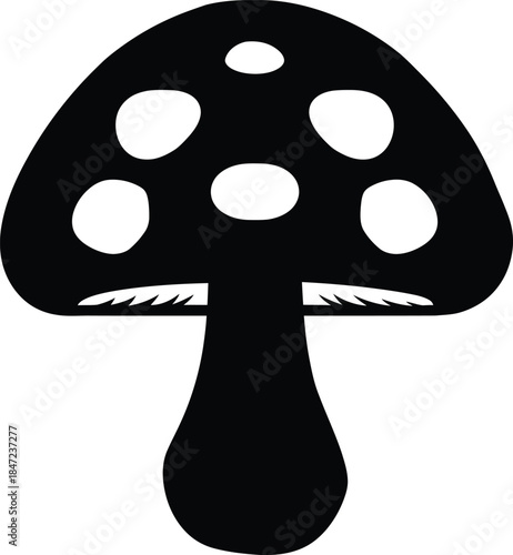 Isolated Black and White Amanita Mushroom Silhouette Featuring Distinctive Spots and Classic Shape Depiction