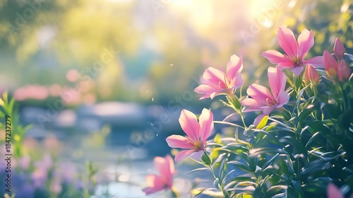 Pink lilies bloom under soft sunlight, illuminating a serene garden landscape in morning