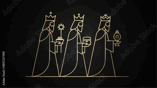 Outline of three kings presenting gifts in a linear design on a dark background