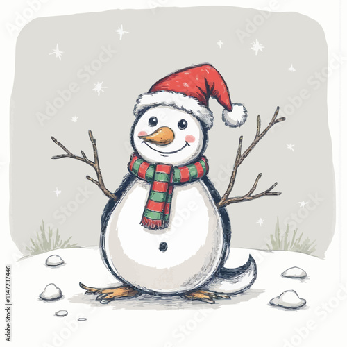 Cute snowman wearing a Santa hat and scarf in a winter scene