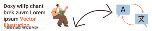 Translation services, global communication, language learning, education tools, multilingual platforms, text conversion. Person holding a book with arrows to language bubble icons. Translation