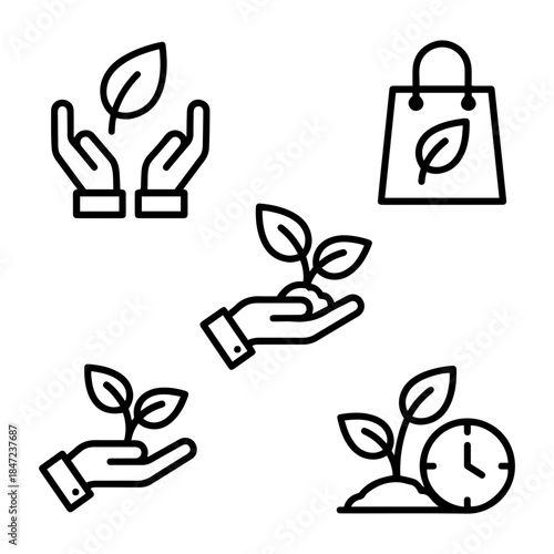 Sustainable Growth, Eco-Friendly Nurturing, and Green Shopping Line Icons Set