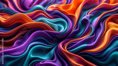 Abstract silk fabric waves with orange, purple, and turquoise colors