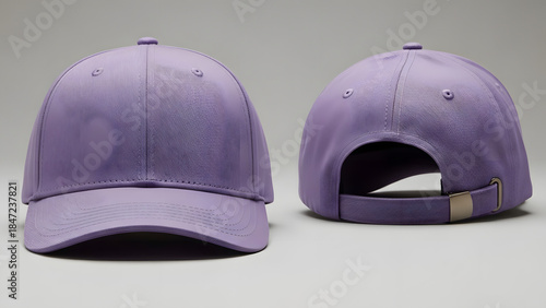 Blank purple baseball cap mockup front and back view isolated on light background