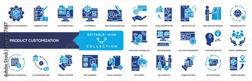 Product Customization Glyph Color Icon Collection. Containing customer survey, ecommerce platform, electronic signature, loyalty program, ticket reservation