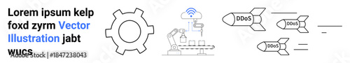 Gear and robotic arm with wireless symbol showing automation in manufacturing. Incoming DDoS missiles illustrating cybersecurity threats. Ideal for technology, manufacturing, automation, security