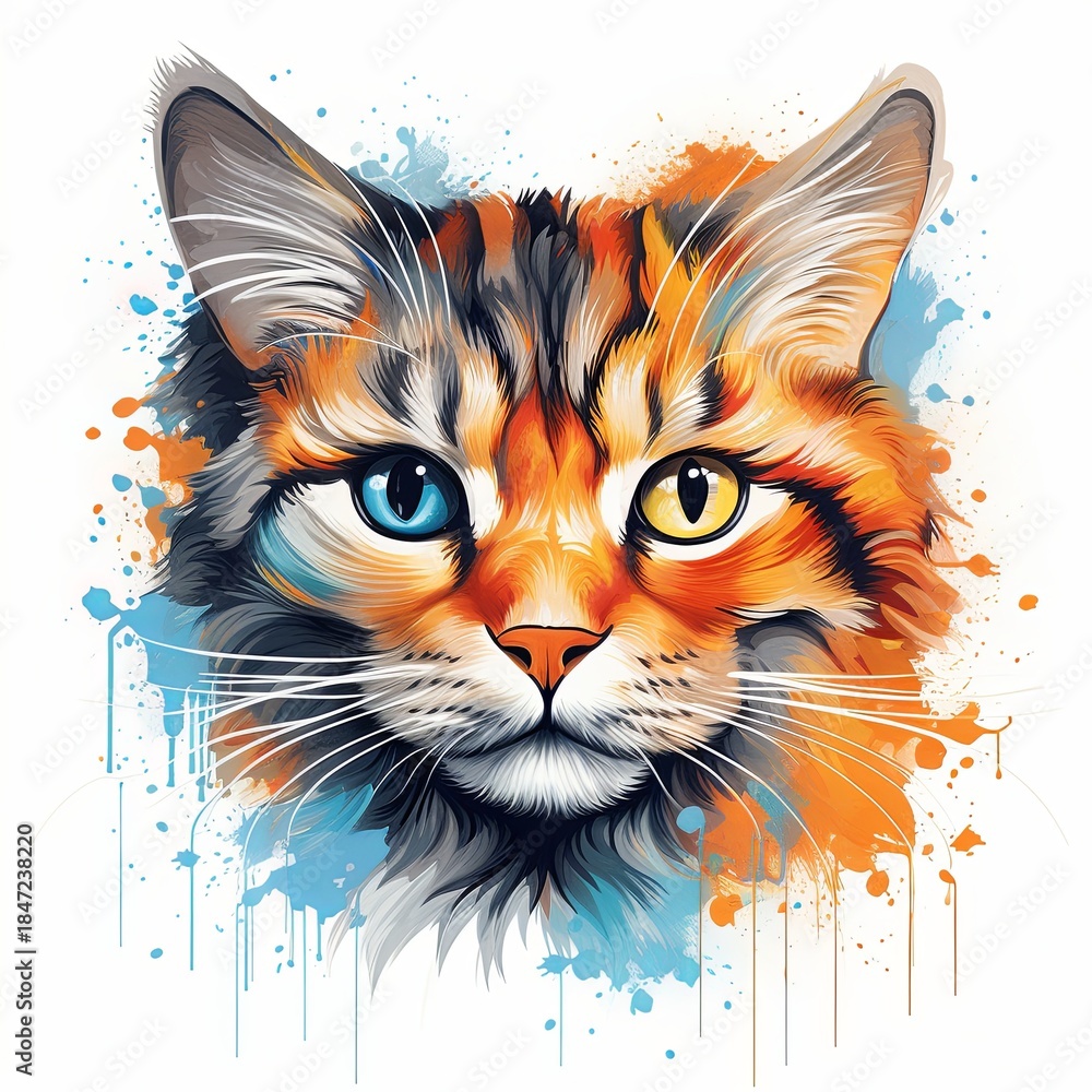 Fototapeta premium Colorful Cat Portrait with Heterochromia, Abstract Style, and Watercolor Splatter Effect Artwork