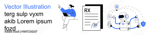 Telemedicine, healthcare technology, artificial intelligence, online consultation, medical documentation, automation. A professional with a laptop, RX prescription robot interacting. Telemedicine