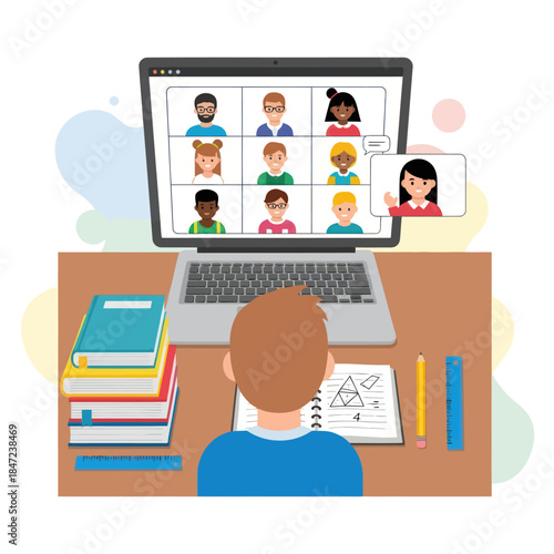 Young boy attending online video class.