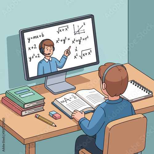 Young Student Learning Math Online at Desk.