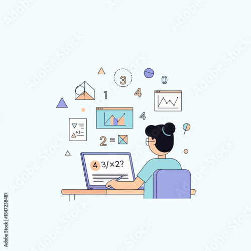 Woman Working on Laptop with Math Symbols.