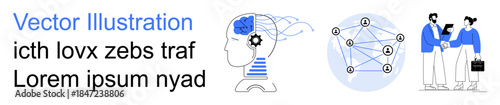 Artificial intelligence, neural networks, data analysis, team collaboration, machine learning, innovation. Human brain with gears, neural web two professionals interacting. Artificial intelligence