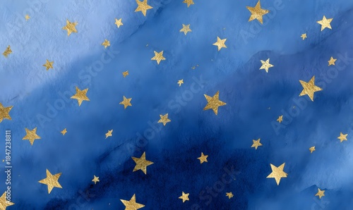 a dark blue watercolor background with gold stars, patterned paper