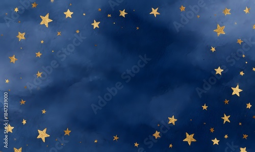 a dark blue watercolor background with gold stars, patterned paper