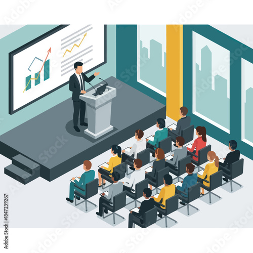 Businessman Giving Presentation to Audience in Meeting Room.