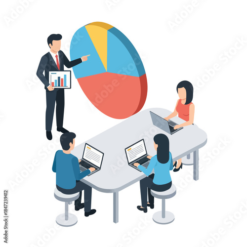 Business Team Discussing Pie Chart Data.