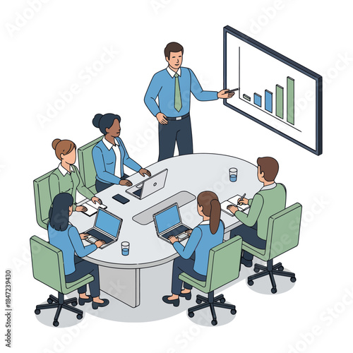 Businessman presenting graph to colleagues in meeting.