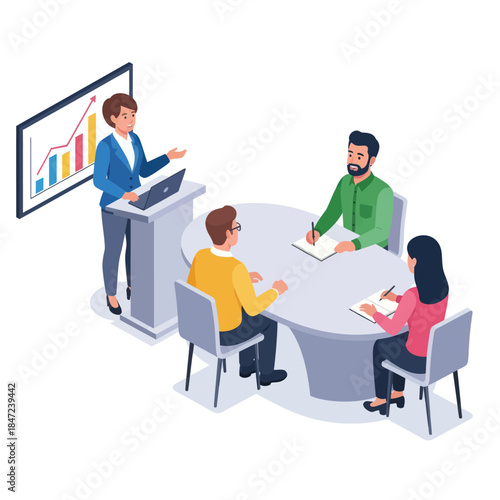 Business Meeting with Colleagues Discussing Data.