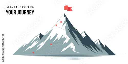Journey Concept Vector Illustration, featuring a mountain with a path and a flag at the top, symbolizing the route to the peak, business journey