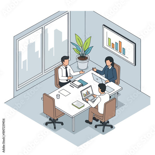 Three Business Professionals Discussing in Modern Office.