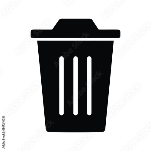 Solid black trash can symbol with a lid sits centered on white background