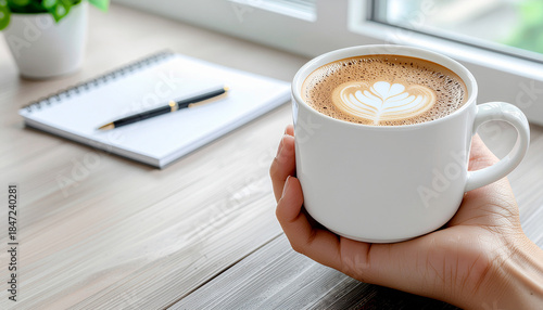 Hand holding a ceramic coffee cup above a minimal workspace desk, notebook and pen