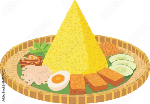 Minimalist vector illustration of Indonesian Nasi Tumpeng (cone-shaped yellow rice) served on a woven platter with shredded chicken, boiled egg, fried tempeh, and anchovies (teri). Traditional feast.