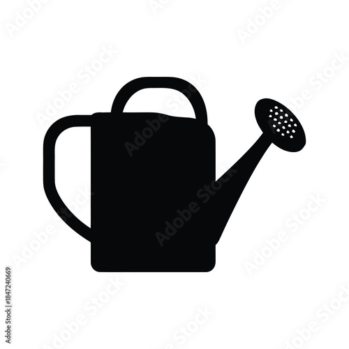 The black silhouette of a watering can features a spout with holes on white background
