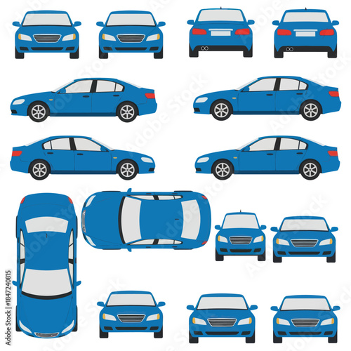 Collection of blue cars from various angles.