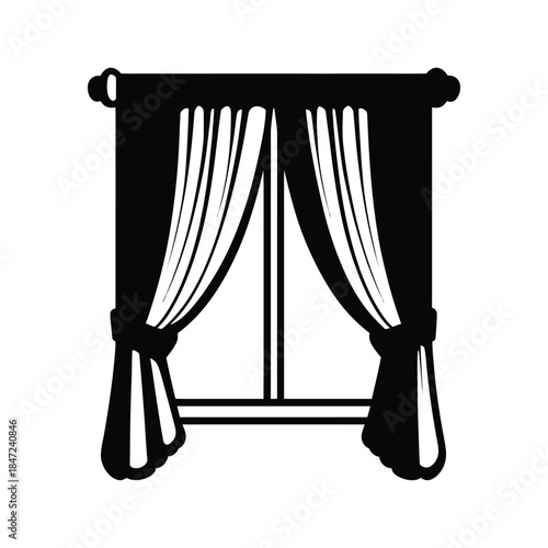 A black and white icon shows curtains hanging on a window with white background