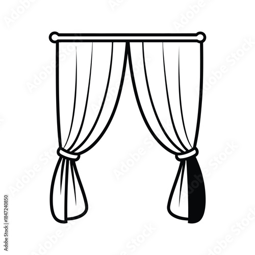 A black and white line art depicts curtains tied back on a white background