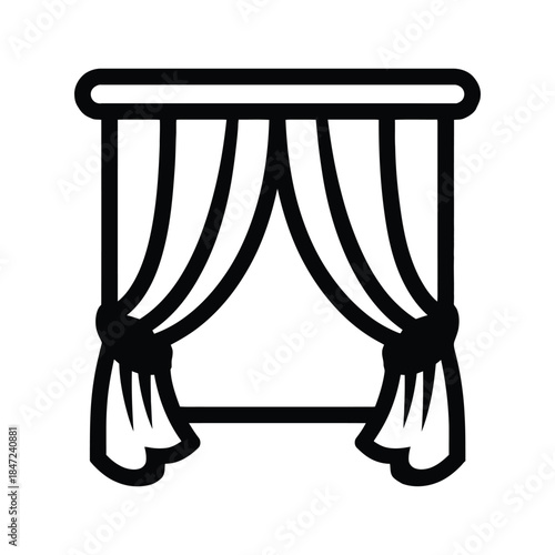 A black and white outline of a window with curtains tied back on white background