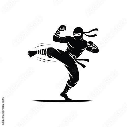 A black ninja warrior is executing a kick with punching fists on white background
