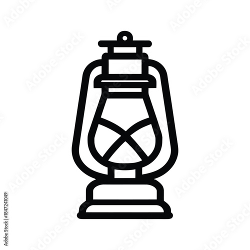 A simple black outline portrays an antique kerosene lantern isolated on white background