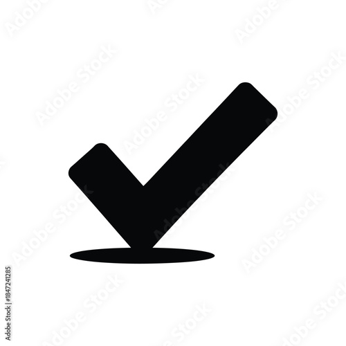Black check mark icon hovering above a small shadow on white background