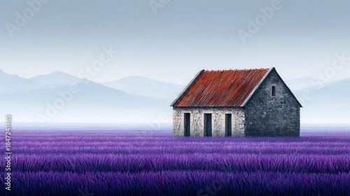 Stone cottage with red roof sits amidst a field of purple lavender, mountains in the distance