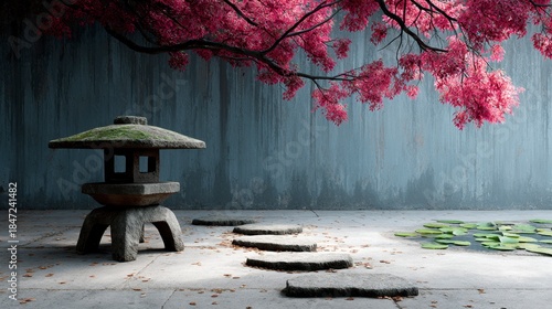 Serene Japanese garden scene with stone lantern, stepping stones, pink flowering tree, and pond