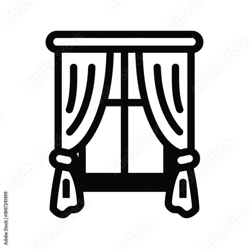 Black outline shows a window with curtains partially drawn on a white background