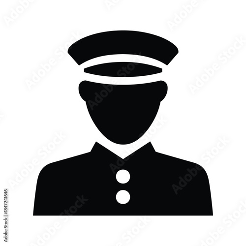 Black silhouette shows uniformed person wearing a hat on the white background