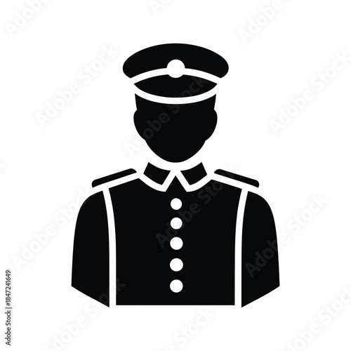 Black silhouette shows uniformed officer or security personnel wearing a cap on white background