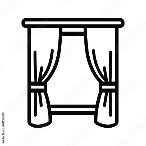 Open window with curtains offers simplistic black outline against a white background