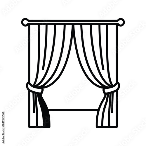 Simple black outline of window curtains tied back displayed on white background